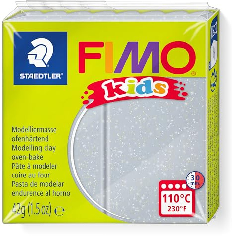 STAEDTLER ofenhärtende Modelliermasse FIMO kids, glitter silber, extra weich und geschmeidig, speziell für Kinder, Normalblock 42g, 8030-812