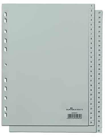 Durable Zahlenregister (A4, geprägte Taben 1-52, PP volldeckend) 1 Stück, grau, 650410