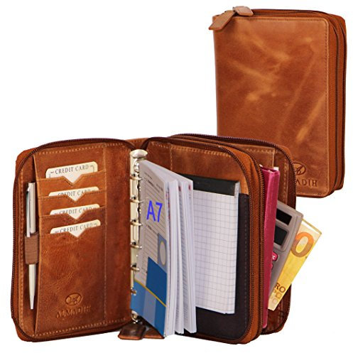 ALMADIH Leder A7 Kombimappe 2 Fächer mit Reißverschluss + Kalender 2025 2026 Premium Rindsleder Braun Deluxe in Geschenkbox Ledermappe Mappe Schreibmappe Terminplaner Terminkalender Ringbuchmappe BD