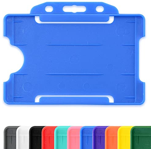 Blue Single-Sided Rigid Slide in Open Faced ID Card Badge Holders Horizontal/Landscape Identity Plastic Pass Protector - Holds a 86mm 54mm cr80 Credit Card Sized - Pack of 100