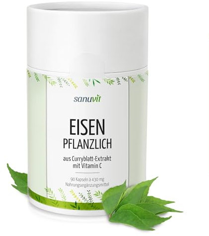 Sanuvit Eisen pflanzlich aus Curryblatt-Extrakt 90 Kapseln - Reinstoffprodukt direkt vom Hersteller (hypoallergene Manufaktur)