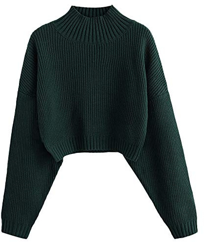 ZAFUL Elegante jersey de punto recortado de cuello alto para mujer, manga larga, de hombros caídos, jersey corto, suéter, prendas superiores con estructura acanalada para otoño e invierno, A-verde., M