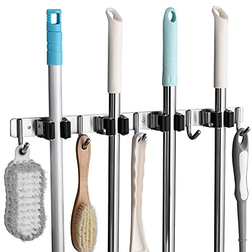 SHYOSUCCE Edelstahl Besenhalter, Besenhalterung Wand mit 4 Schlitze und 5 Haken, Gerätehalter Wandhalterung für Küche, Badezimmer, Garage und Garten, Schwarz