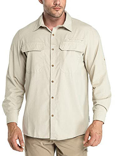 33,000ft Men's Long Sleeve Shirts UV Protection Safari Button-Down Shirt Breathable Wicking Quick Drying Outdoor Top with Pockets for Hiking Fishing Golfing,Khaki XL
