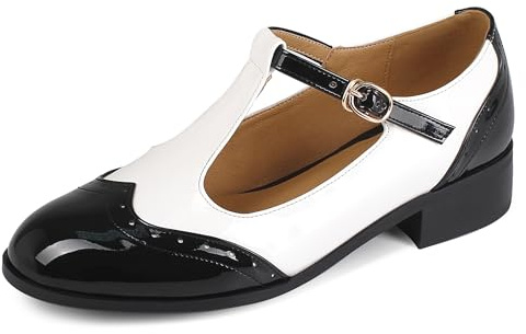 Sailimy Women's Black and White Two Tone T Strap Wingtip Saddle Oxford Mary Jane Shoes Low Heels Flats Buckle Strap Mid Block 6