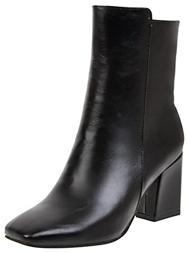 Lroey Reoly Bottines à Talon Bloc Femme, Bottes Habillées Talons Hauts Bout Carré Bottines Facile Zip 186 Noir Taille 34 EU