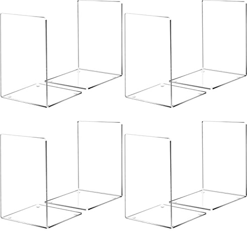 HappyHapi Book Ends, 8 Pcs Book Ends Acrylic Bookends for Shelves, Clear Book Holder Stand, Non-Skid Decorative Bookend, Study Book Organizer for Home Library Office, 5 x 5 x 7.3 inch