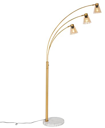 Qazqa - Arc Floor Lamp I Arc Floor Light Bronze with Marble and Amber Glass 3 Lights - Nina- - Art Deco - Suitable for LED E27 | 3 Light - Glass Arc lamp - Suitable for Living Room I Bedroom I
