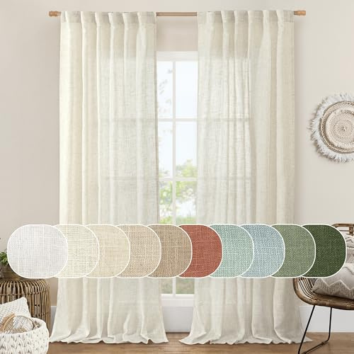 LAMIT Ivory 90 Inches Long Linen Sheer Curtains for Living Room, Back Tab and Rod Pocket Nautral Curtains Light Filtering Boho Panels for Bedroom/Dining Room, Set of 2, 52 x 90 Inch