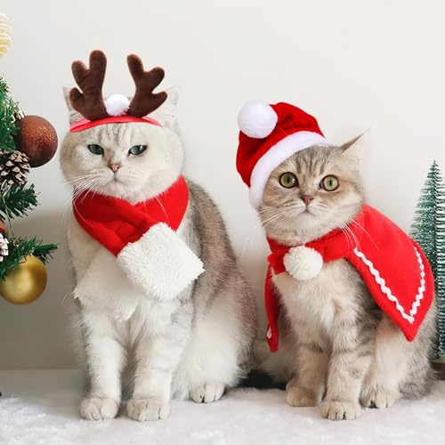 Costume Natalizio per Gatti Cani, 4 Pz Vestiti Accessori Natalizi Mantello Cappello da Babbo Natale Sciarpa Cerchietto Renna per Animali Domestici, Rosso Vestito Collare Regalo per Piccola Gatto Cane