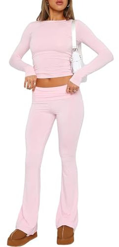 ABINGOO Damen Lounge Set Langarm Oberteil Und Schlaghose Yoga Trainingsanzug Zweiteiler Outfit Schmal Loungewear Set(Rosa,S)