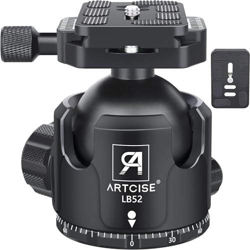 52mm Low Profile Ball Head Tripod Mount Ball Head ARTCISE All Metal CNC Machining with Two 1/4 Quick Release Plates for Tripod, Monopod, DSLR, Camcorder，Max Load 66lbs /30kg（All Black）