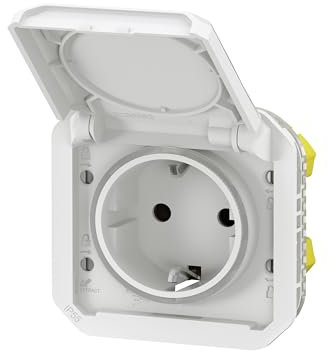 LEGRAND, Plexo New Einsatz, Feuchtraum-Steckdose, Schuko-Standard, inkl. Klappdeckel, Berührungsschutz, Steckklemmen, 16A, 250 Volt, IP44 - IK08 (IP55 bei geschlossenem Deckel), UltraWeiß, 069640L