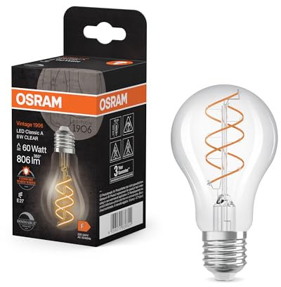 OSRAM Vintage 1906 Classic ist eine warmweiße, dimmbare LED-Lampe in Kolbenform mit spiralförmigem Filament. Sie bietet 8 W für 806 lm, E27 Fassung, klarfarbenes Glas, 60 mm Durchmesser, 2200 K.