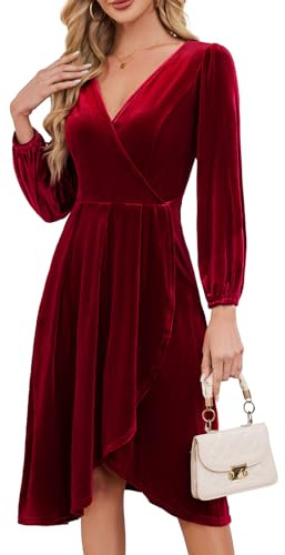 Meetjen Women's Long Sleeve V Neck Asymmetrical Hem Velvet Dress Flowy 2025 Fall Wedding Guest Dresses Dark Red M
