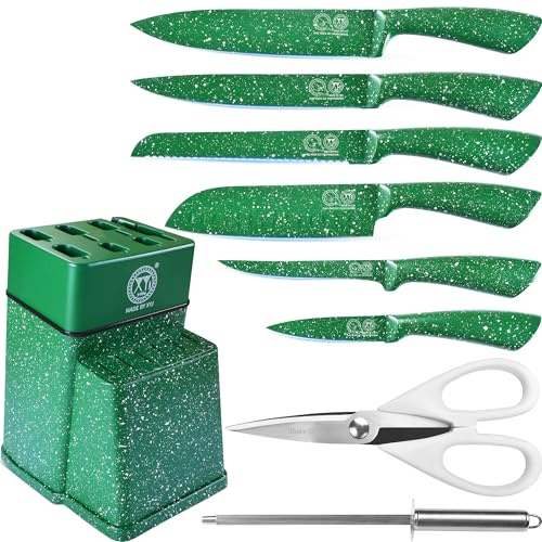 XYJ Authentic Since 1986, Knife Block Set, Professional Chef Knives Set With Knife Holder, Green Color Stainless Steel Knife, Meat Cleaver Slicing Cooking Kitchen Knife Kit