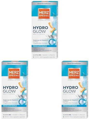 Merz Spezial Hydro Glow Beauty Kapseln – 1 x 30 Stück – veganes Nahrungsergänzungsmittel mit Hyaluron und Vitamin C – Beauty Routine für Deine Haut – Schönheit von innen (Packung mit 3)