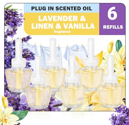 SCENTORINI Påfyllningar för eterisk oljediffusor - 6 x 19 ml doftpåfyllningar av vanilj, lavendel, linne lämplig för elektrisk diffusor luftfräschare för Airwick och Glade