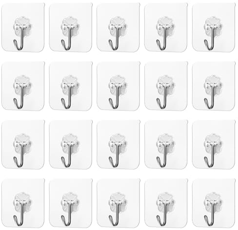 Eupneicu Ganci Adesivi [20 Pezzi], Trasparenti Autoadesivo Gancio, Capacità di carico di 1 KG, Trasparenti Gancio Autoadesivo Bagno Da Parete, Per Sciarpe Borse Chiavi In Bagno Cucina Ufficio