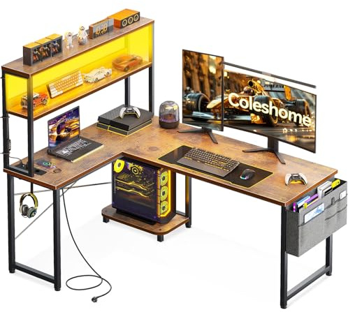 Coleshome Hörnskrivbord L-skrivbord datorbord med LED och eluttag (vintage brun, 135×100 cm)