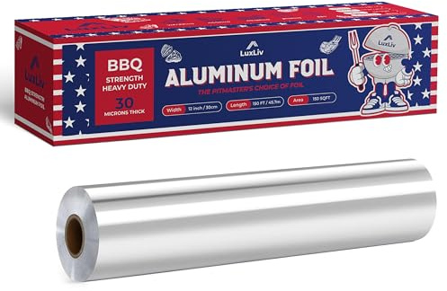Rullo di Carta Alluminio Pesante per BBQ – 12 pollici x 150 piedi, 150 piedi quadrati – Grado BBQ e Extra Spesso, Resistente per l'Industria della Ristorazione con Taglierina - LuxLiv®