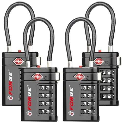 Forge TSA Approved Luggage Locks 4 Digit Combination TSA Travel Locks with TSA008, Open Alert Indicator, Zinc Alloy Body for Luggage, Suitcase, Backpack, and More. Black 4 Locks.
