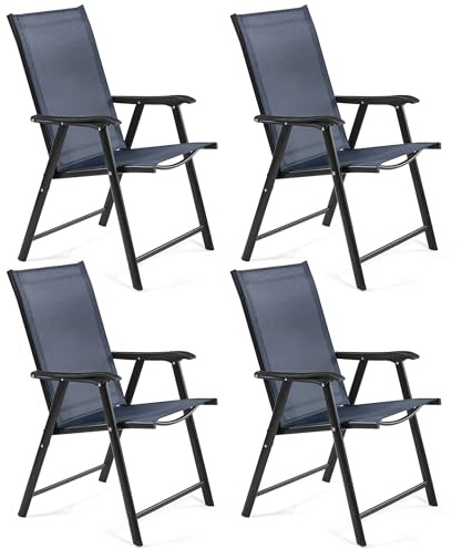Yaheetech Folding Garden Chairs, High Back, Steel Frame, 4-Pack, Navy Blue | Garden Chairs with Backrest/ Armrests | Foldable for Easy Storage All Weather Chairs | For Garden, Lawn, Yard, Beach