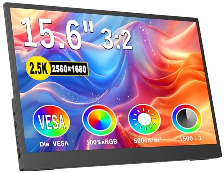 Kyyivwine 15,6 Zoll 2.5K Portable Monitor, 2560x1600 ultraflaches HDR-Display,100%NTSC,3:2 Tragbares Monitor 500cd USB-C HDMI Monitor für Laptops,PCs,Phone,Mac,Xbox/PS/Switch,VESA,(Ohne Touchfunktion)