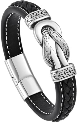 FYNSBLE Infinity Knot Leather Bracelet for Men 316L Stainless Steel Genuine Leather Bracelet Texture Wristband Cuff Stylish Cool jewelry for Men Father Husband