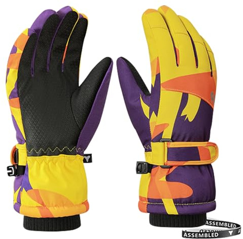 Jupsk Kids Winter Ski Gloves Waterproof Anti Slip Plush Thermal 3M Thinsulate Colorful Snowboard Gloves for Children Girls and Boys Age 8-12 (Yellow)