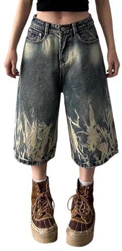 Y2k Jean 3/4 pour femme - Pantacourt baggy - Jambes larges - Court - Denim - Hip Hop Streetwear - Destroyed - Pantalon d'été court - Pantalon de jogging - Pantalon trois-quarts avec poche