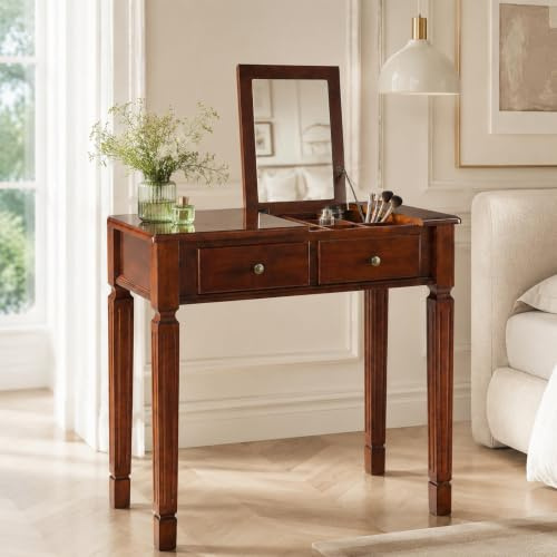 PADMA HOUSE Flip Top Wood Makeup Vanity Desk with Mirror, Small Dressing Table with Two Drawers Flip-up Wooden Writing Desk Secretary Table in Cherry Walnut for Bedroom Living Room