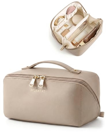 BAGSMART Large Travel Makeup Cosmetic Bag, Lay Flat, Clear Brush Pocket | PU Leather, Waterproof Make up Case, Women's Essentials, Holiday Gifts, Camel