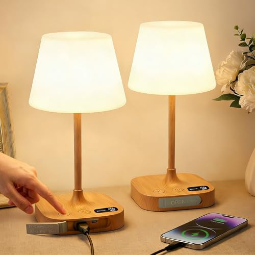 2 Piezas Lamparas Mesita de Noche Inalambrica con Puertos de Carga USB