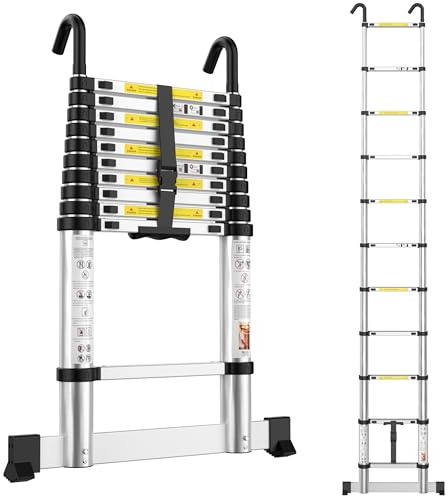 Telescopic Ladder 3.3M Aluminium Extension Extendable Loft Ladder with Hooks, Portable Ladders with Stabilizer Bar for Roof Loft Caravans