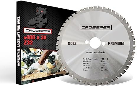 Hartmetall HM Kreissägeblatt 400x30 Z32 für Tischkreissägen, Handkreissägen, Gehrungssägen und Wippkreissägen. Grobschnittsägeblatt für den Längs- und Querschnitt. CROSSFER