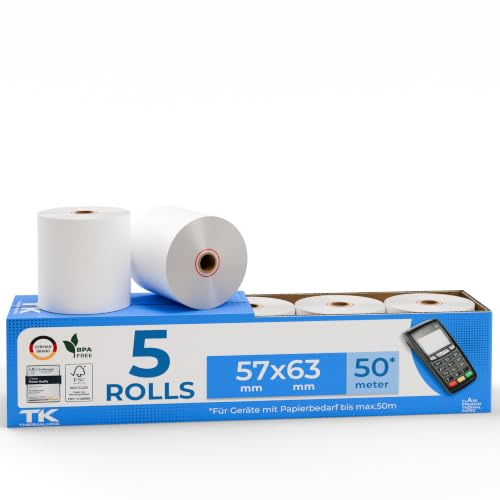 5 st. Premium termiska rullar 57 mm x 52 mm x 12 mm – 50 m längd – termopapperrullar – certifierad för kassaskåvare som Epson, IBM, Metapace och mer.