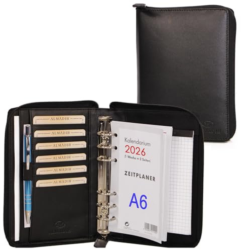 ALMADIH Leder A6 Organizer mit Reißverschluss, Kalender 2026 Notizblock Premium Rindsleder Schwarz in Geschenkbox Ledermappe Mappe Schreibmappe Terminplaner Terminkalender Aktenmappe (A6-O-S)