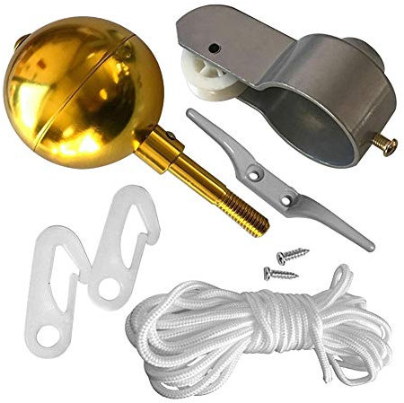 Fahnenmast Zubehör Kit, Fahnenmast-Teilereparatur-Set, für Gartendeko, Reparaturset, goldfarbene Kugelklammer, runde Form, Heimseil, Seilrolle, Wie abgebildet, Free Size