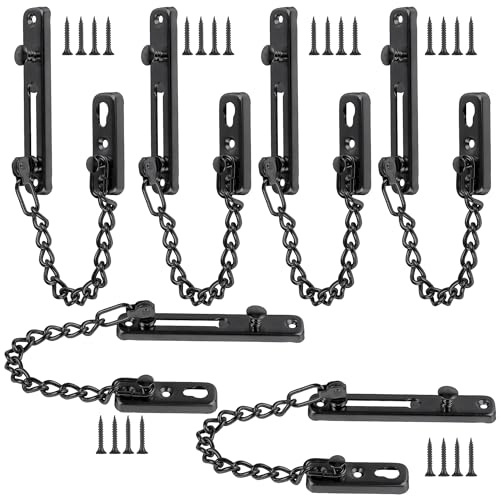 6 Pack Door Chain Lock, KINJOEK Stainless Steel Security Chain Guard with Spring Anti Theft Press Lock, Heavy Duty Polished Door Latch with Screws, Black