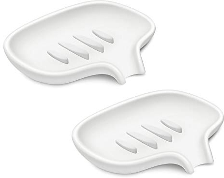 SUBEKYU Silicone Soap Dish for Bathroom,Bar Soap Holder for Shower with Draining Tray, Waterfall Soap Tray for Kitchen Sink, Set of 2 (2 * White)