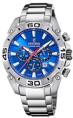 FESTINA Reloj Hombre Analógico de Acero Inoxidable 316l Plateado - Movimiento de Cuarzo - Cronógrafo - Calendario - Cristal Mineral de Alta Resistencia - Resistente al Agua 10 ATM F20543/2 Chrono Bike