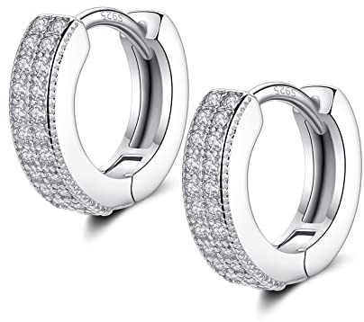 Pendientes de aro pequeños de plata para mujeres y hombres | Pendientes de plata de ley con doble hilera de circonita cúbica con bisagras, aros, cartílago y hélice, Metal, Cubic Zirconia
