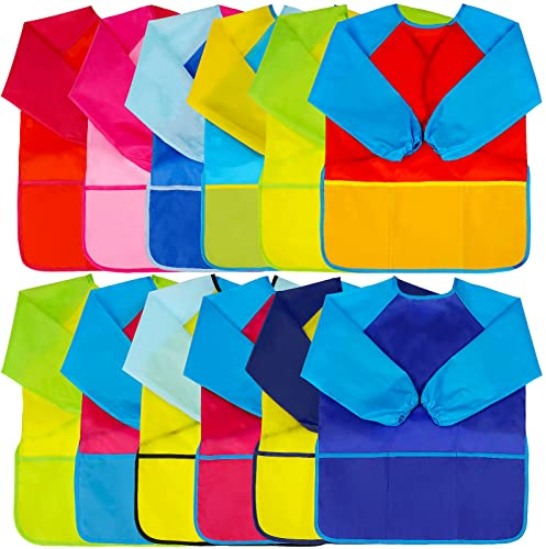 12Pcs Kids Art Smocks Toddler Smocks Waterproof Smock for Kids Painting Colorful Children Aprons Artist Painting Smock Long Sleeves With 3 Roomy Pockets for Children Paint Supplies, Age 3-7 Years