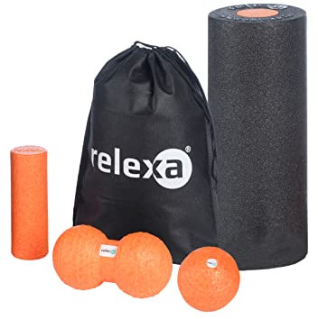 Relexa Faszienstarterset - 5-Teiliges Set Zur Massage Bei Rückenschmerzen & Als Fitness-Training Zubehör - Angenehmes Material & Recyclebar - Schwarz/Orange