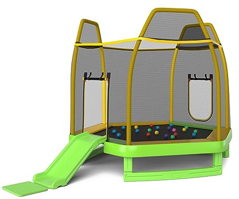 KOMFOTTEU Ø 223 cm Trampolin, sechseckiges Kindertrampolin mit Rutsche, Leiter, Sicherheitsnetz & Bällen, Gartentrampolin bis 150 kg belastbar für Kinder ab 3 Jahren, Gelb + Grün