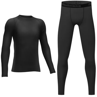 Rolimaka Jungen Kinder Thermal Underwear Set Fleecegefütterte Baselayer (Oberteil & Hose) Thermalset für Ski und Fussball Black M