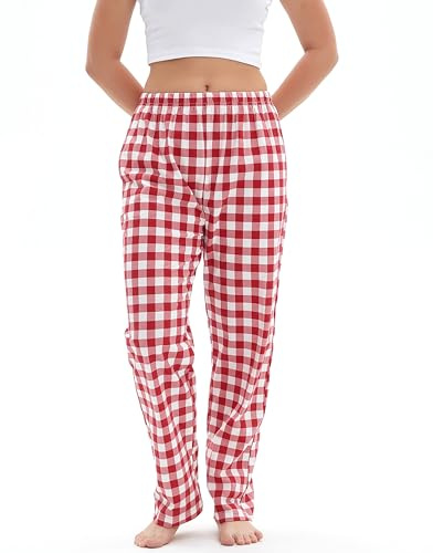 Mancru Pyjamasbyxor för kvinnor, bekväma loungebyxor i bomull, rutiga pyjamasbyxor, dam loungekläder, sovkläder byxor byxor