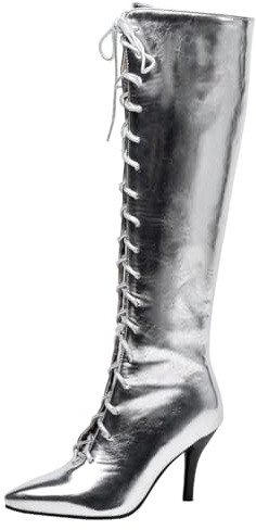 HSyc JRX Bottes à talons hauts pour femme avec talon aiguille et lacets fermeture éclair Bottes d'hiver hautes, argenté, 41 EU