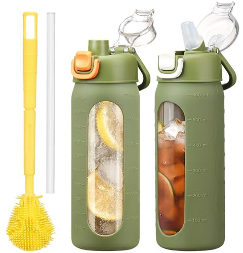 HYDRAGLAZIC 600ml Gourde en Verre,Avec 2 Couvercle Bouteille d'eau Motivation Graduée Pour 1 Journee Avec Marqueur de Temps Housse en Silicone, Sport Gourde Reutilisable, vert armée